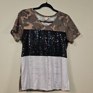 Camo and Black Sequin Short Sleeve Top